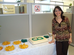 Karen Belfer admires our sweet marzipan logo designed by a VCC Digital Graphic Design student